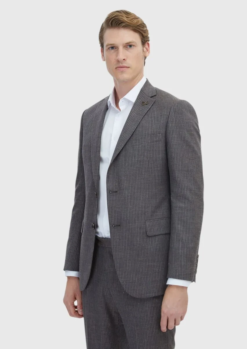 Brown Striped Regular Fit Silk Blended Suit - 3