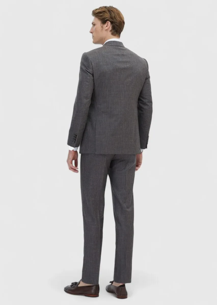 Brown Striped Regular Fit Silk Blended Suit - 5