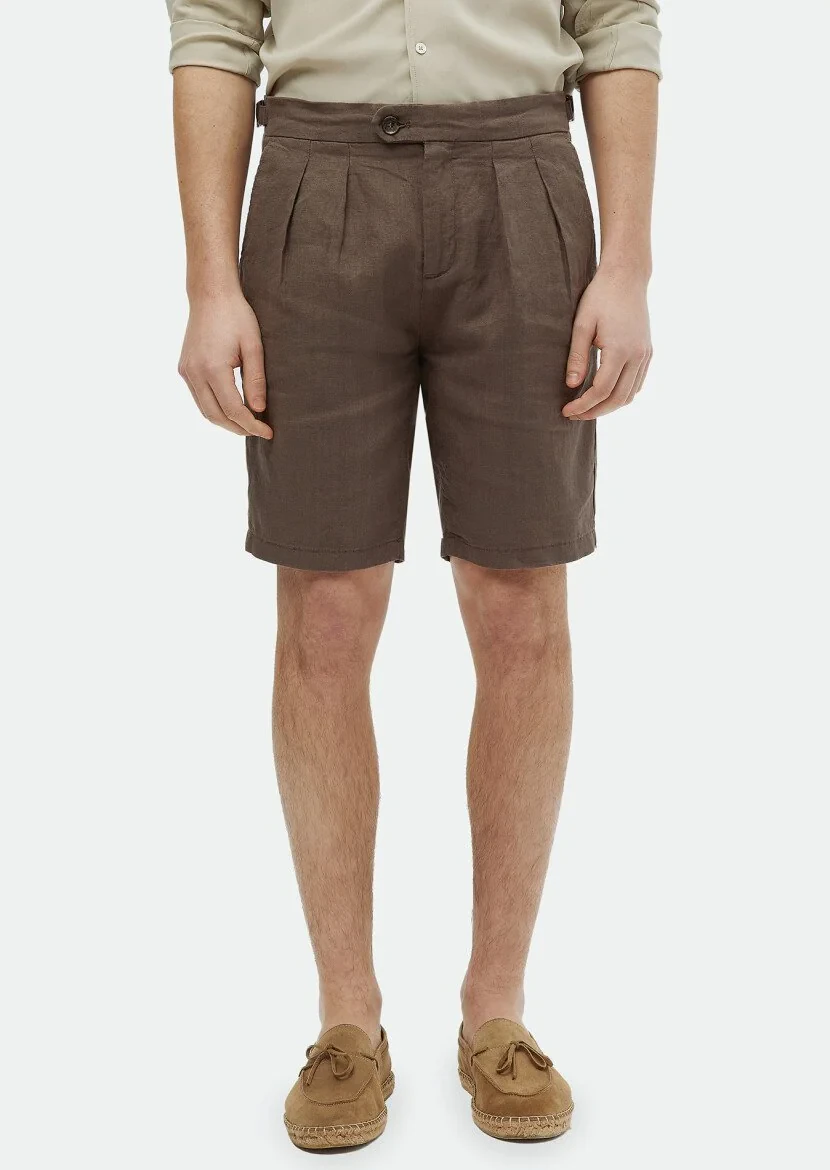 Brown Weaving Carrot Fit Casual 100% Linen Bermuda 