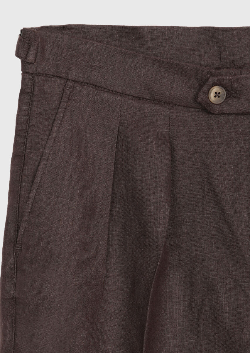 Brown Weaving Carrot Fit Casual 100% Linen Bermuda - 6