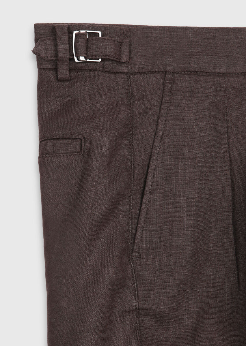 Brown Weaving Carrot Fit Casual 100% Linen Bermuda - 7