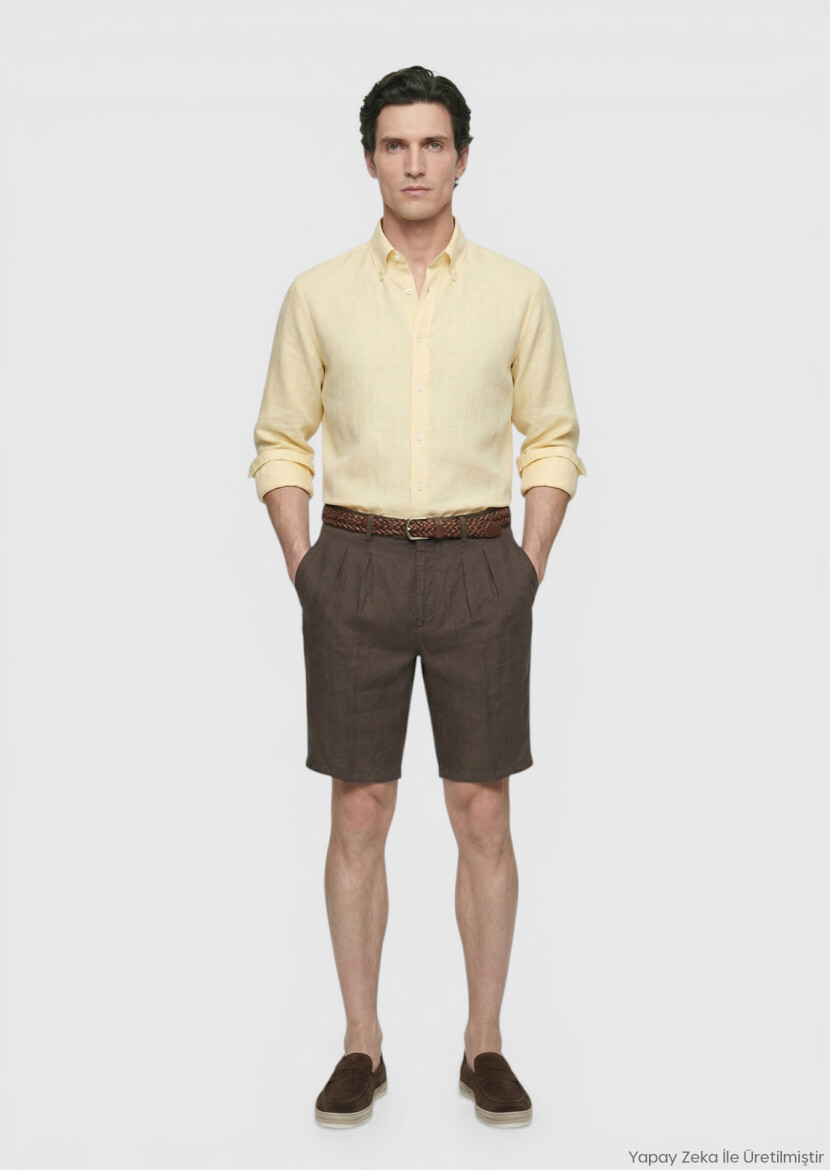 Brown Weaving Carrot Fit Casual 100% Linen Bermuda 