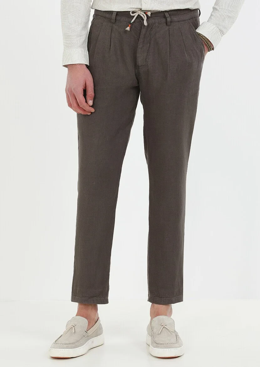 Brown Weaving Casual 100% Linen Trousers - 1