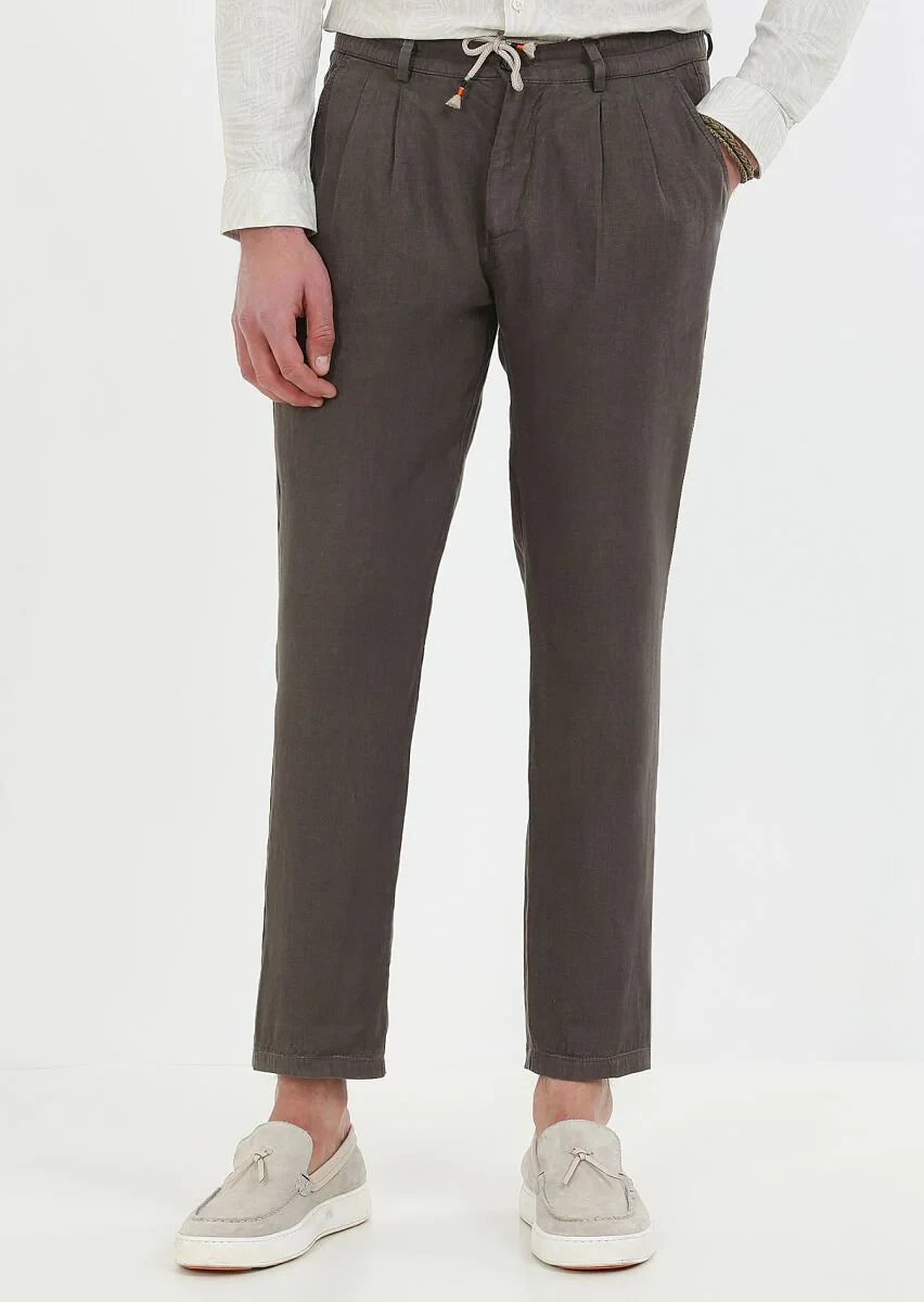 Brown Weaving Casual 100% Linen Trousers - 1