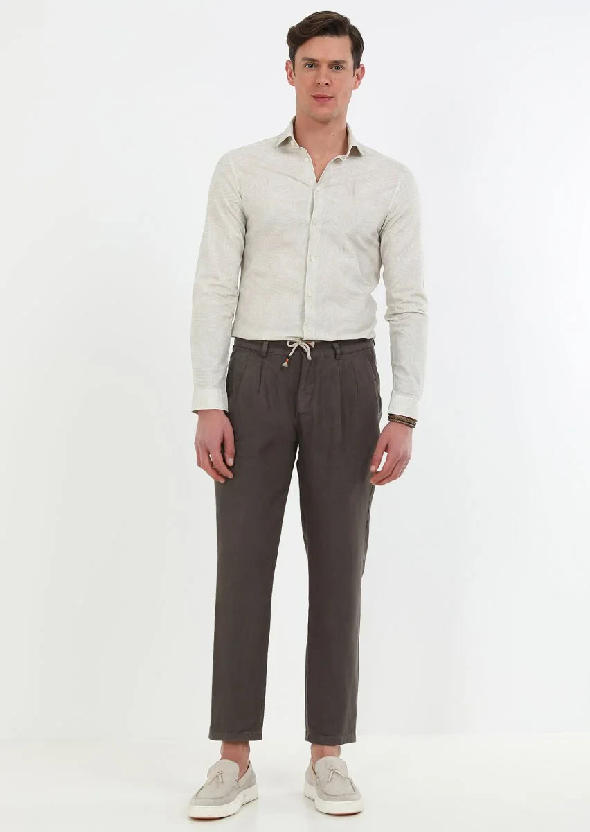 Brown Weaving Casual 100% Linen Trousers - 2