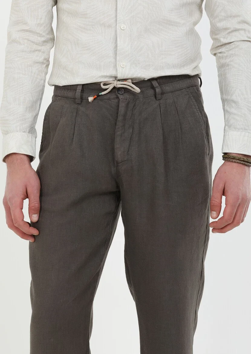 Brown Weaving Casual 100% Linen Trousers - 3