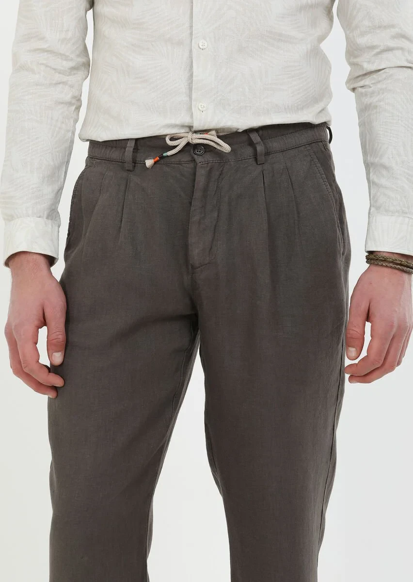 Brown Weaving Casual 100% Linen Trousers - 3