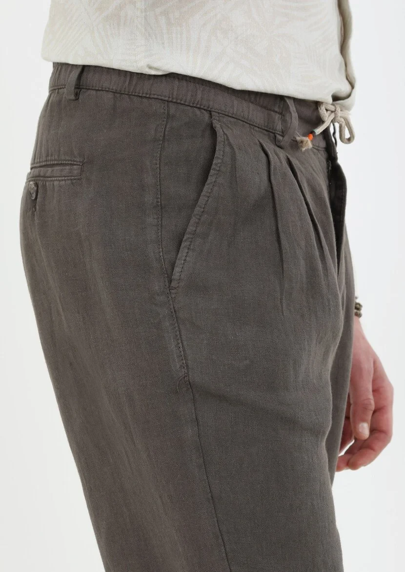 Brown Weaving Casual 100% Linen Trousers - 4