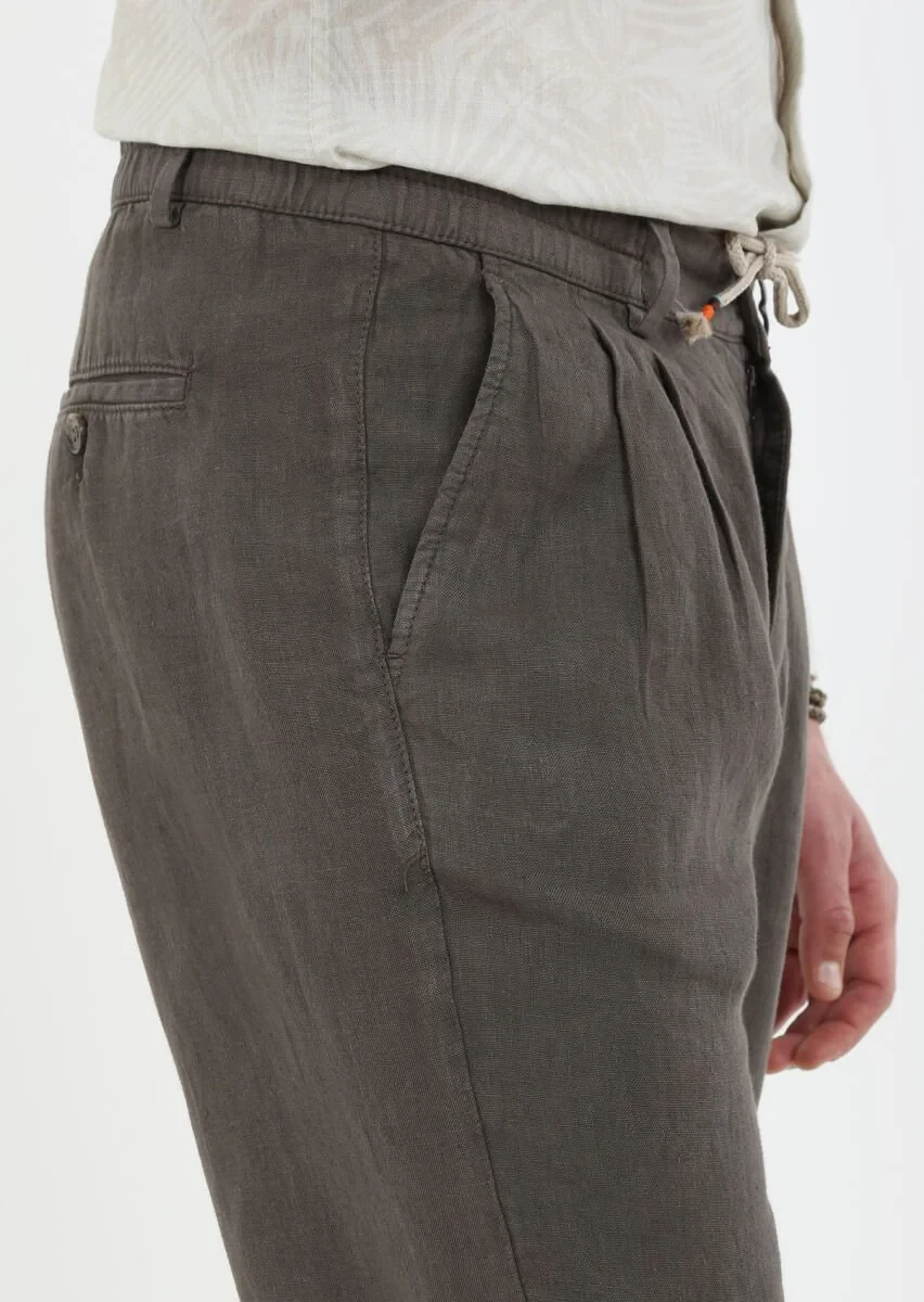 Brown Weaving Casual 100% Linen Trousers - 4