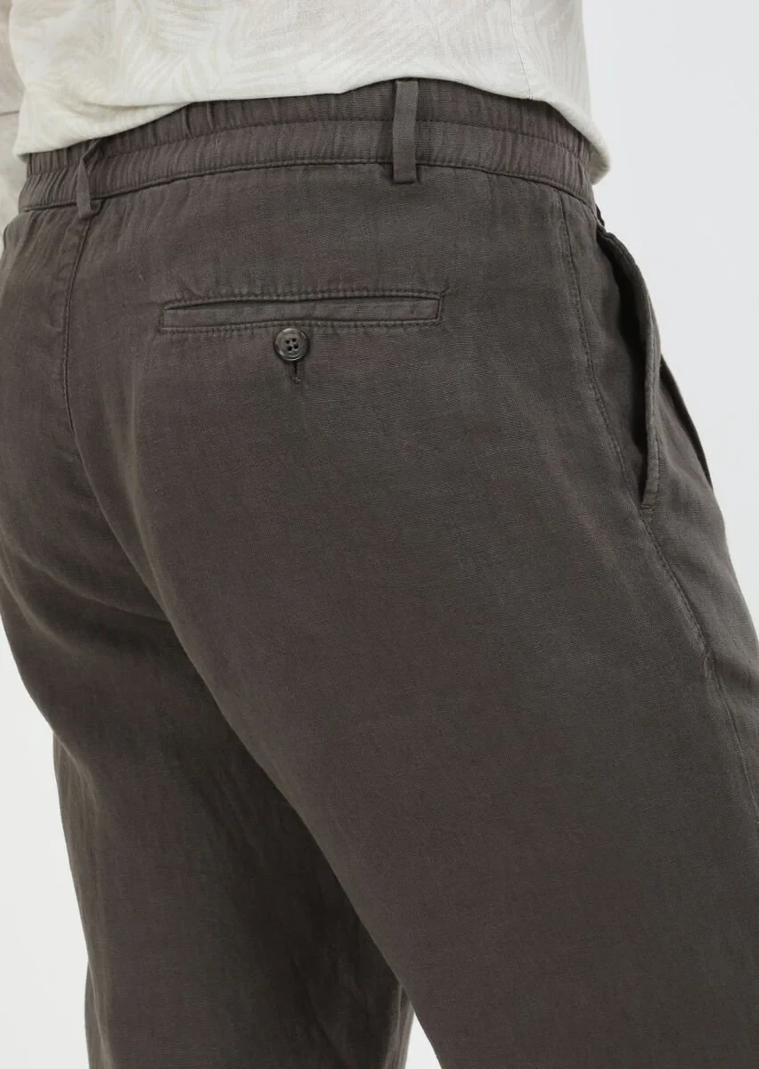 Brown Weaving Casual 100% Linen Trousers - 5