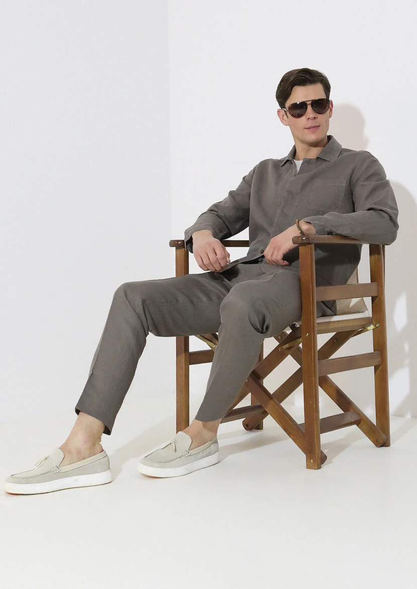 Brown Weaving Jogging Fit Casual 100% Linen Trousers - 3