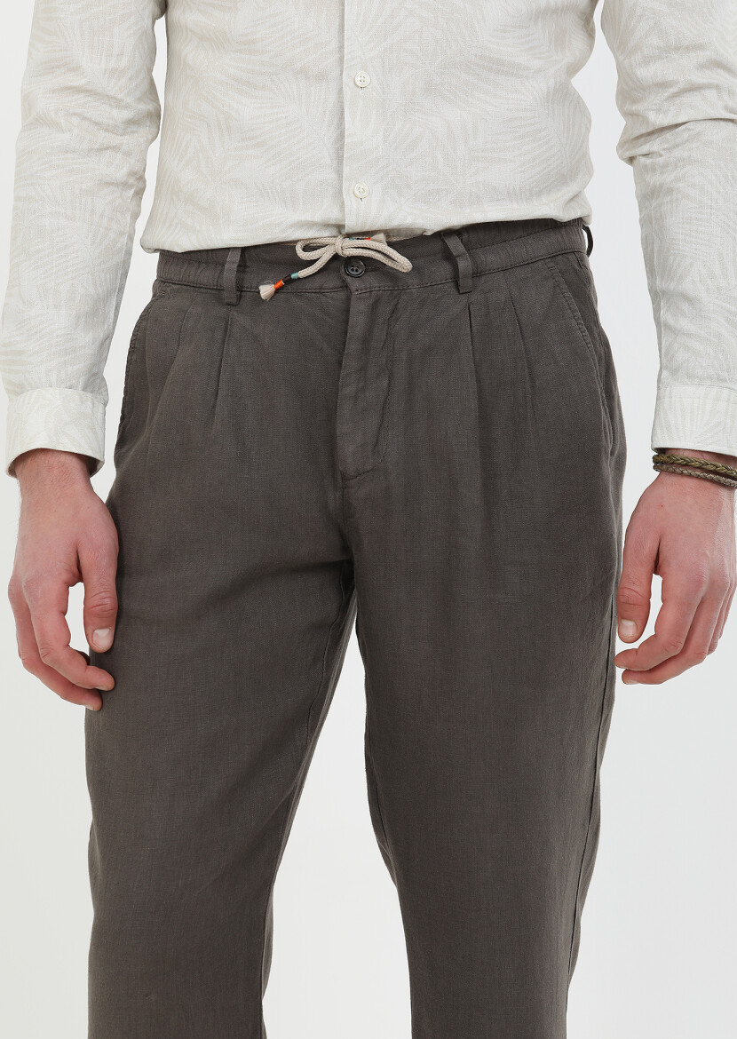 Brown Weaving Jogging Fit Casual 100% Linen Trousers - 3