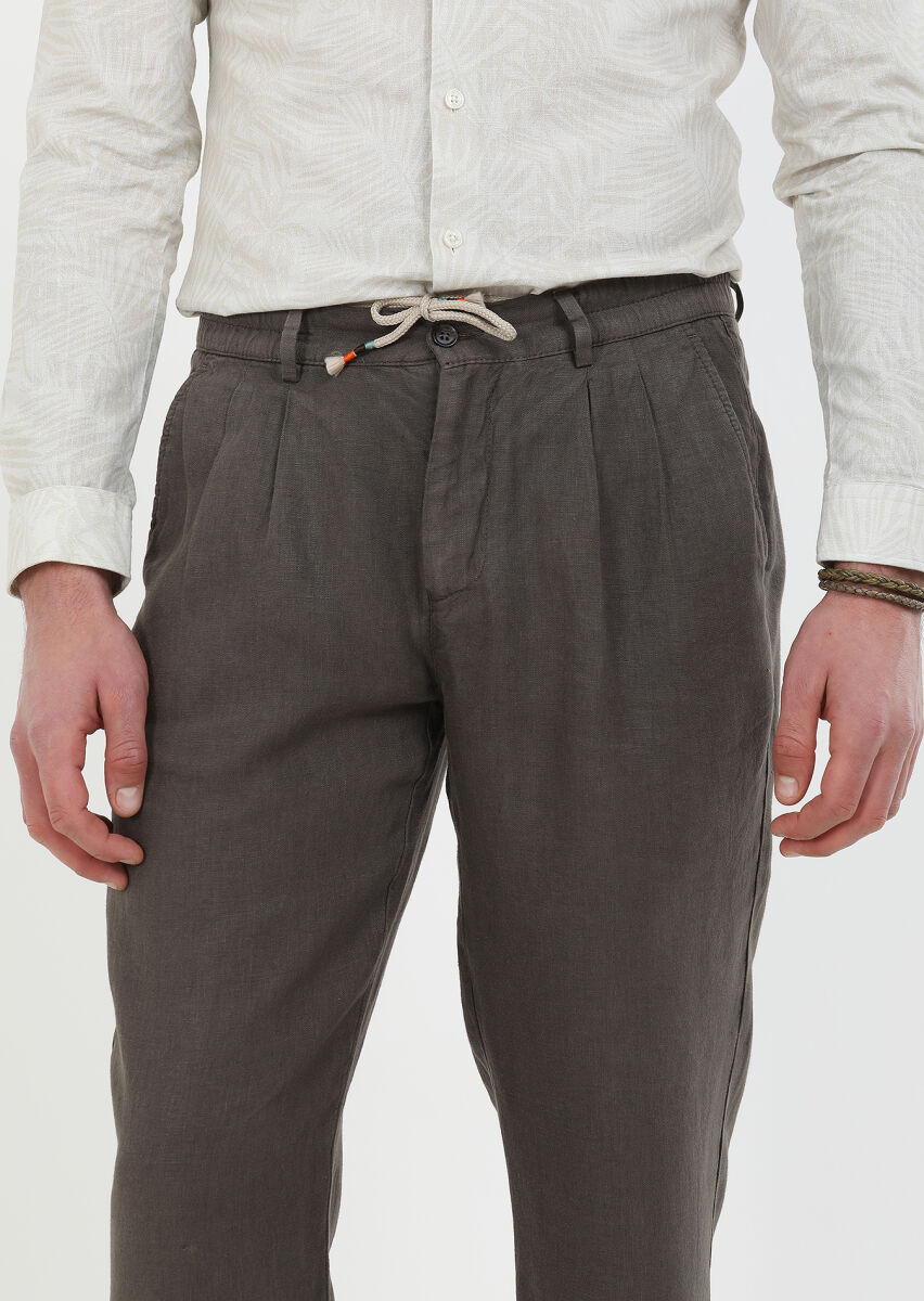 Brown Weaving Jogging Fit Casual 100% Linen Trousers - 3