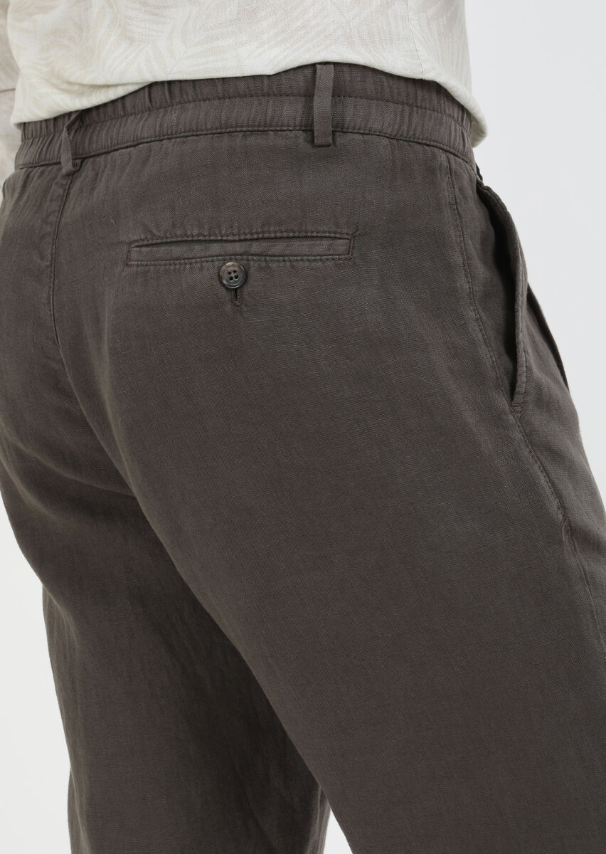 Brown Weaving Jogging Fit Casual 100% Linen Trousers - 5