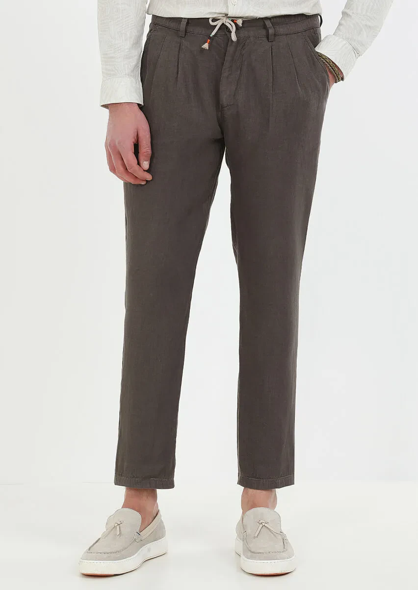 Brown Weaving Jogging Fit Casual 100% Linen Trousers - 1