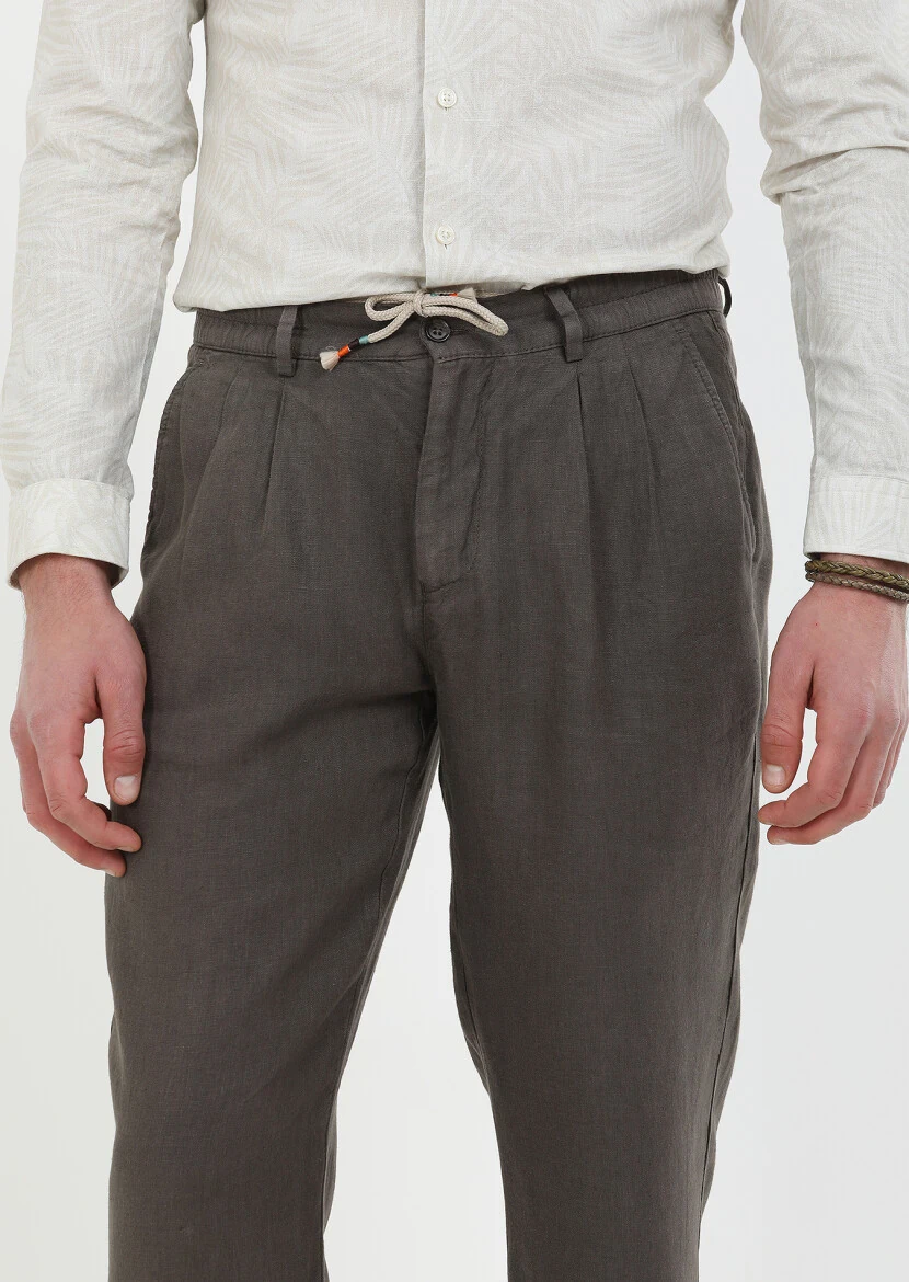 Brown Weaving Jogging Fit Casual 100% Linen Trousers - 3
