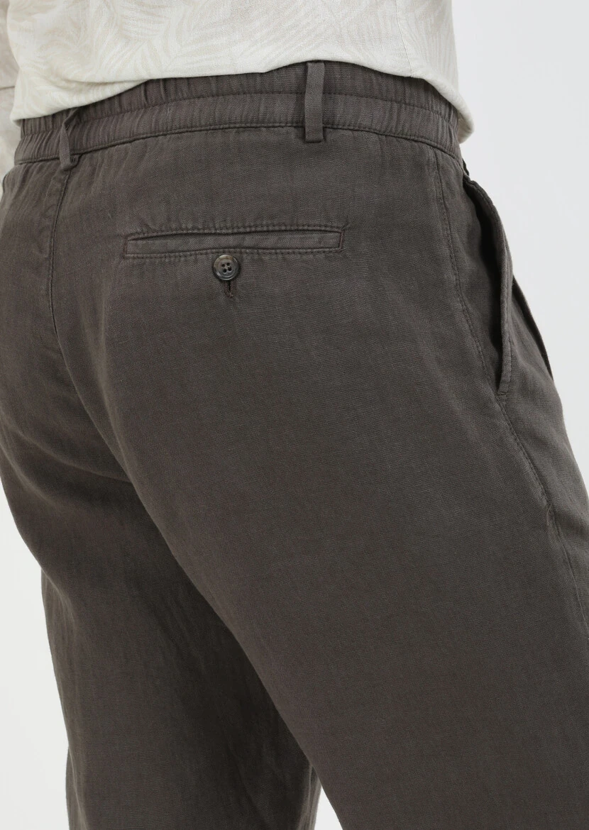 Brown Weaving Jogging Fit Casual 100% Linen Trousers - 5