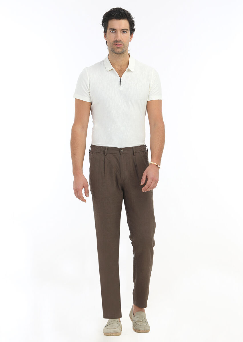 Brown Weaving Jogging Fit Casual 100% Linen Trousers - 1