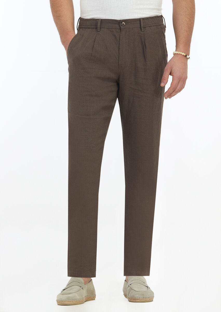 Brown Weaving Jogging Fit Casual 100% Linen Trousers - 2