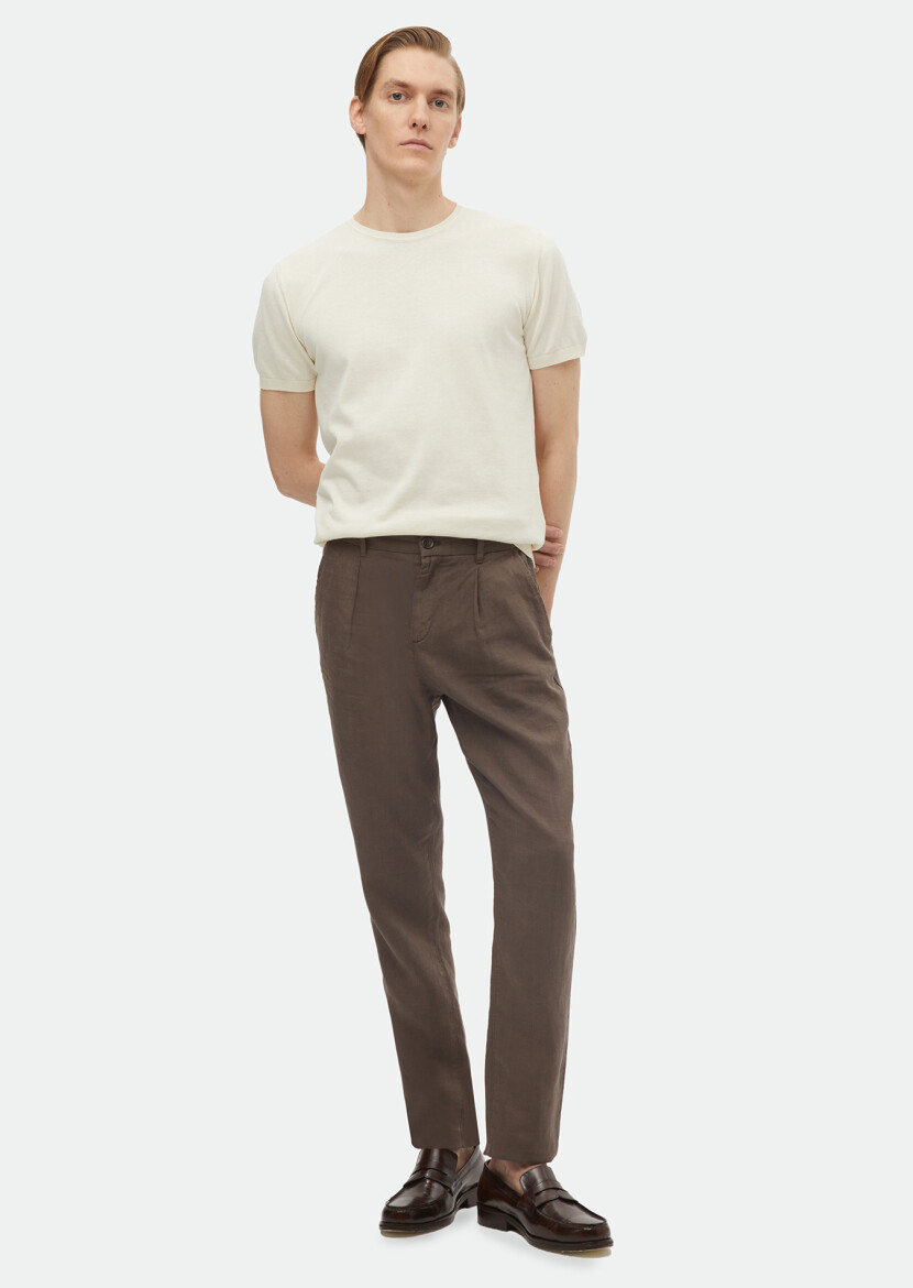 Brown Weaving Jogging Fit Casual 100% Linen Trousers 