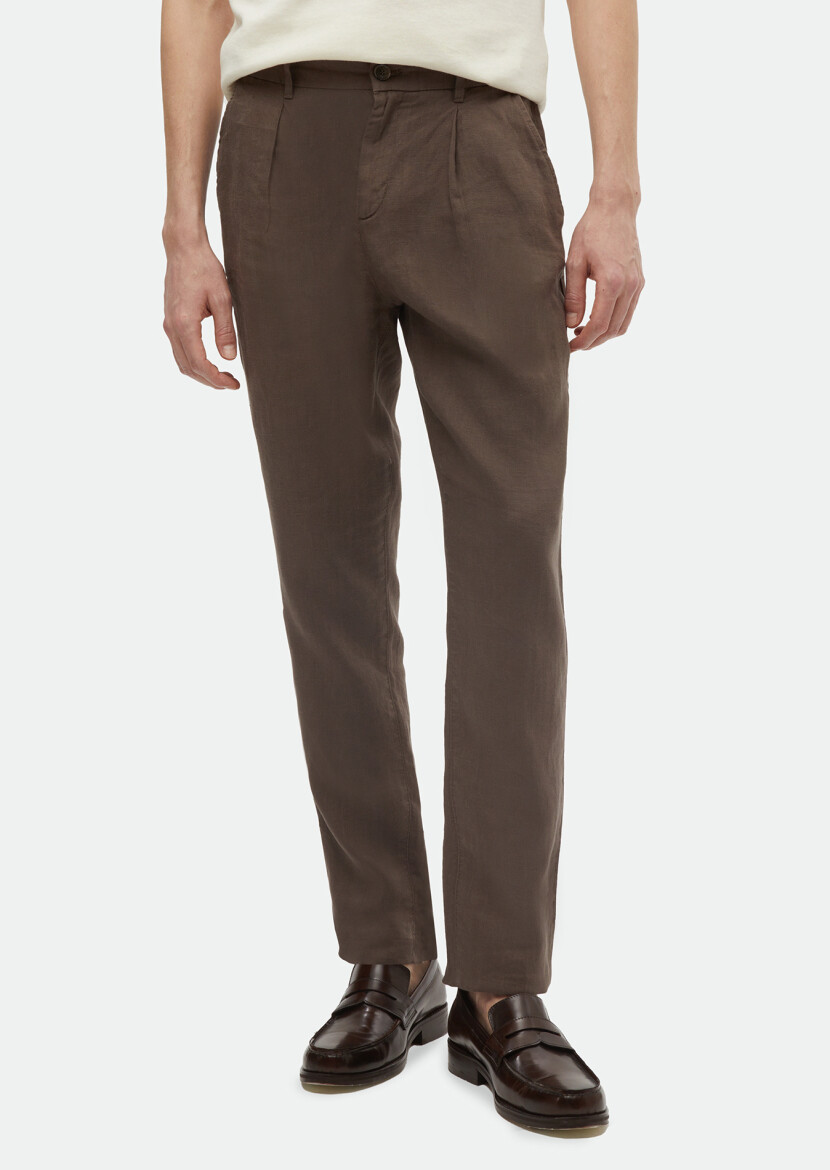 Brown Weaving Jogging Fit Casual 100% Linen Trousers - 2