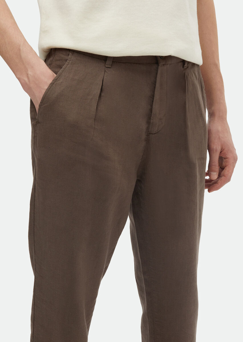 Brown Weaving Jogging Fit Casual 100% Linen Trousers - 3