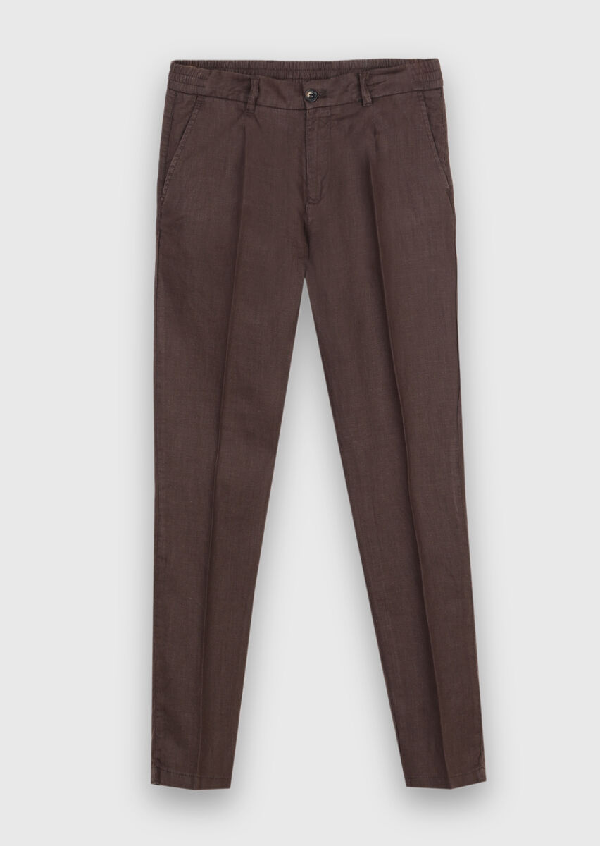 Brown Weaving Jogging Fit Casual 100% Linen Trousers - 5