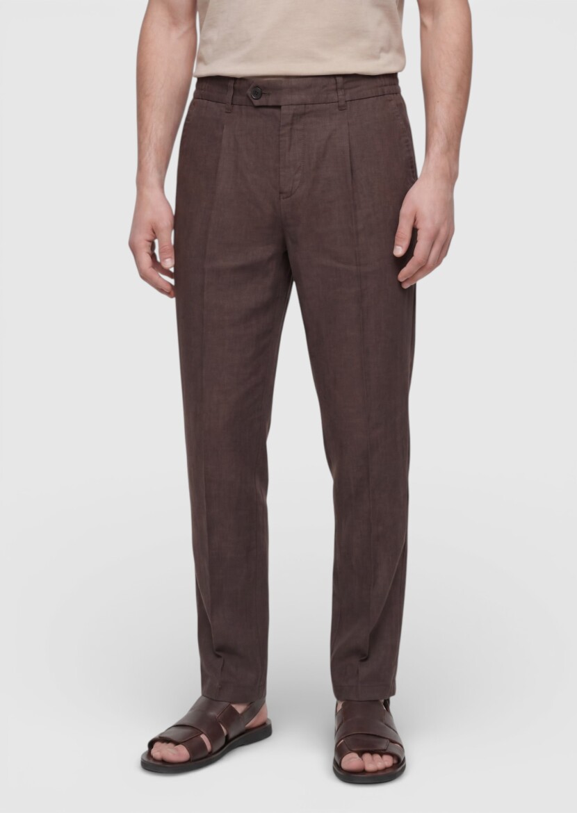 Brown Weaving Jogging Fit Casual 100% Linen Trousers - RAMSEY