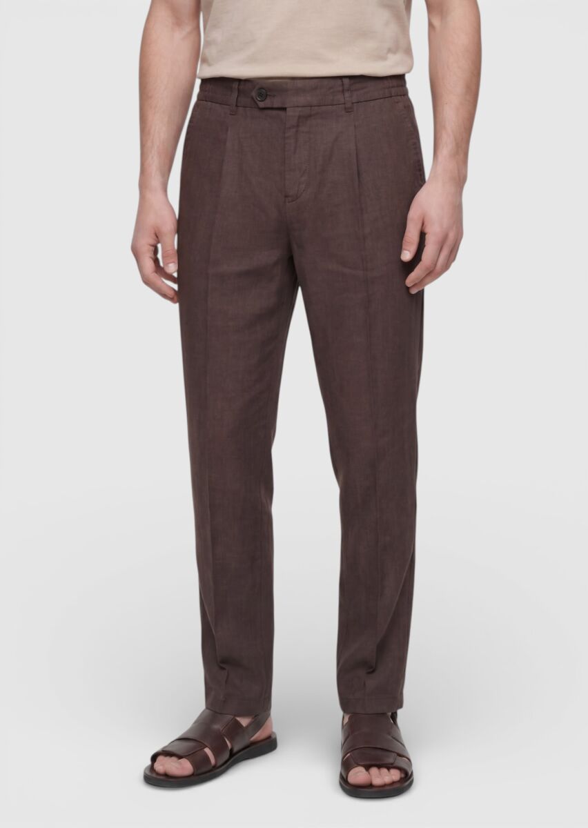 Brown Weaving Jogging Fit Casual 100% Linen Trousers - 2