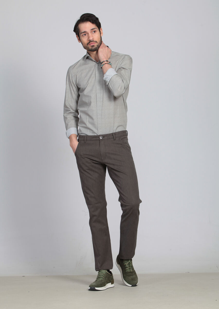 Brown Weaving Slim Fit Casual Cotton Blended Trousers - 1