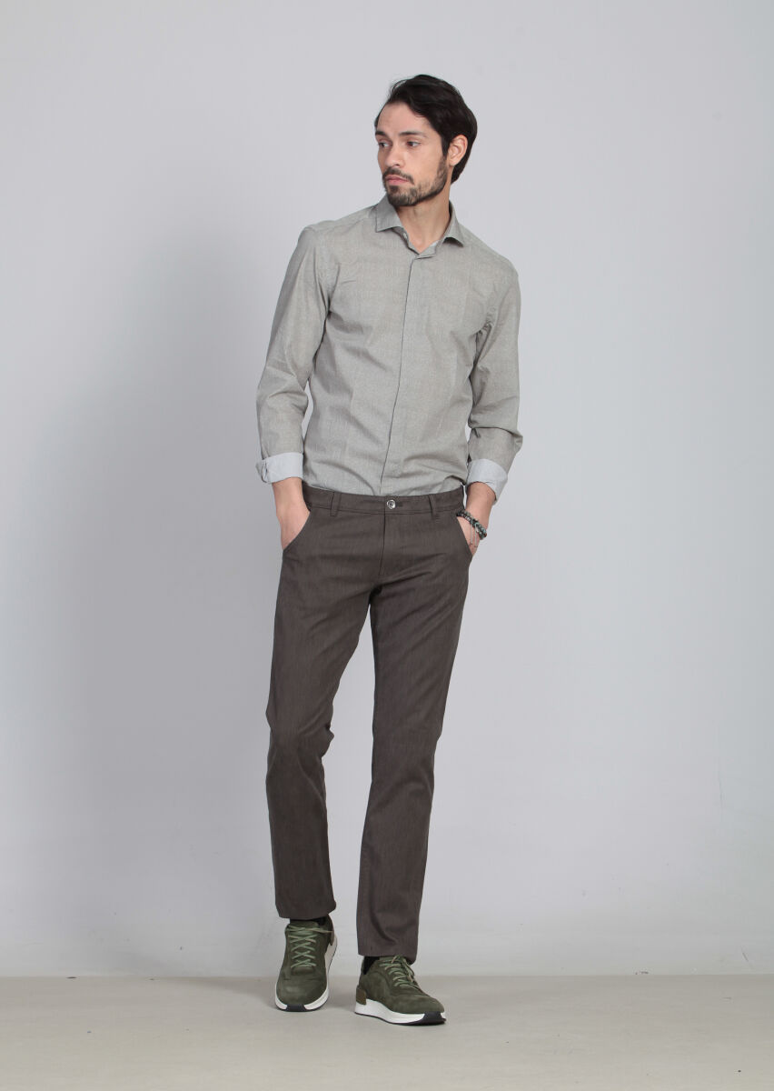 Brown Weaving Slim Fit Casual Cotton Blended Trousers - 2