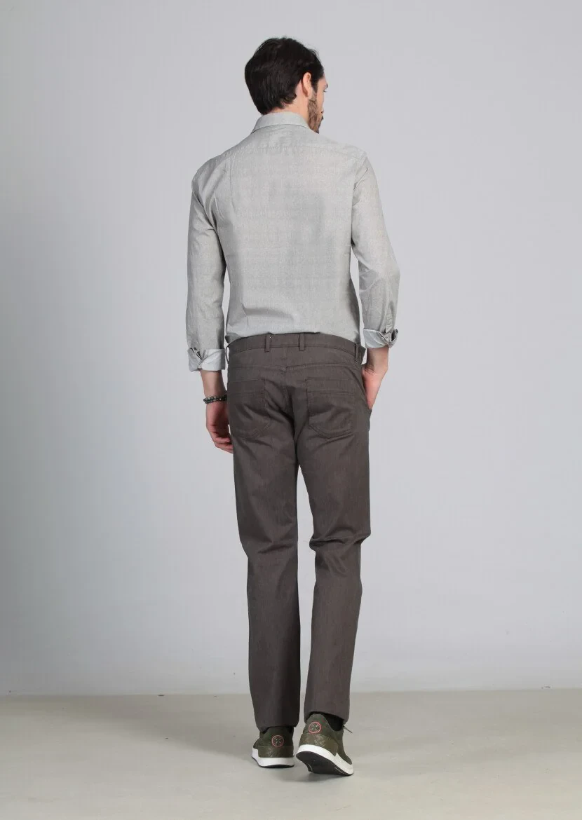 Brown Weaving Slim Fit Casual Cotton Blended Trousers - 4
