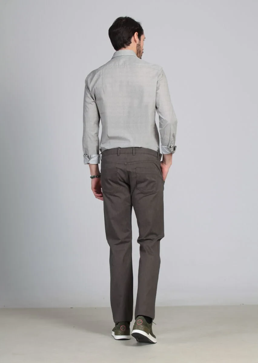 Brown Weaving Slim Fit Casual Cotton Blended Trousers - 4