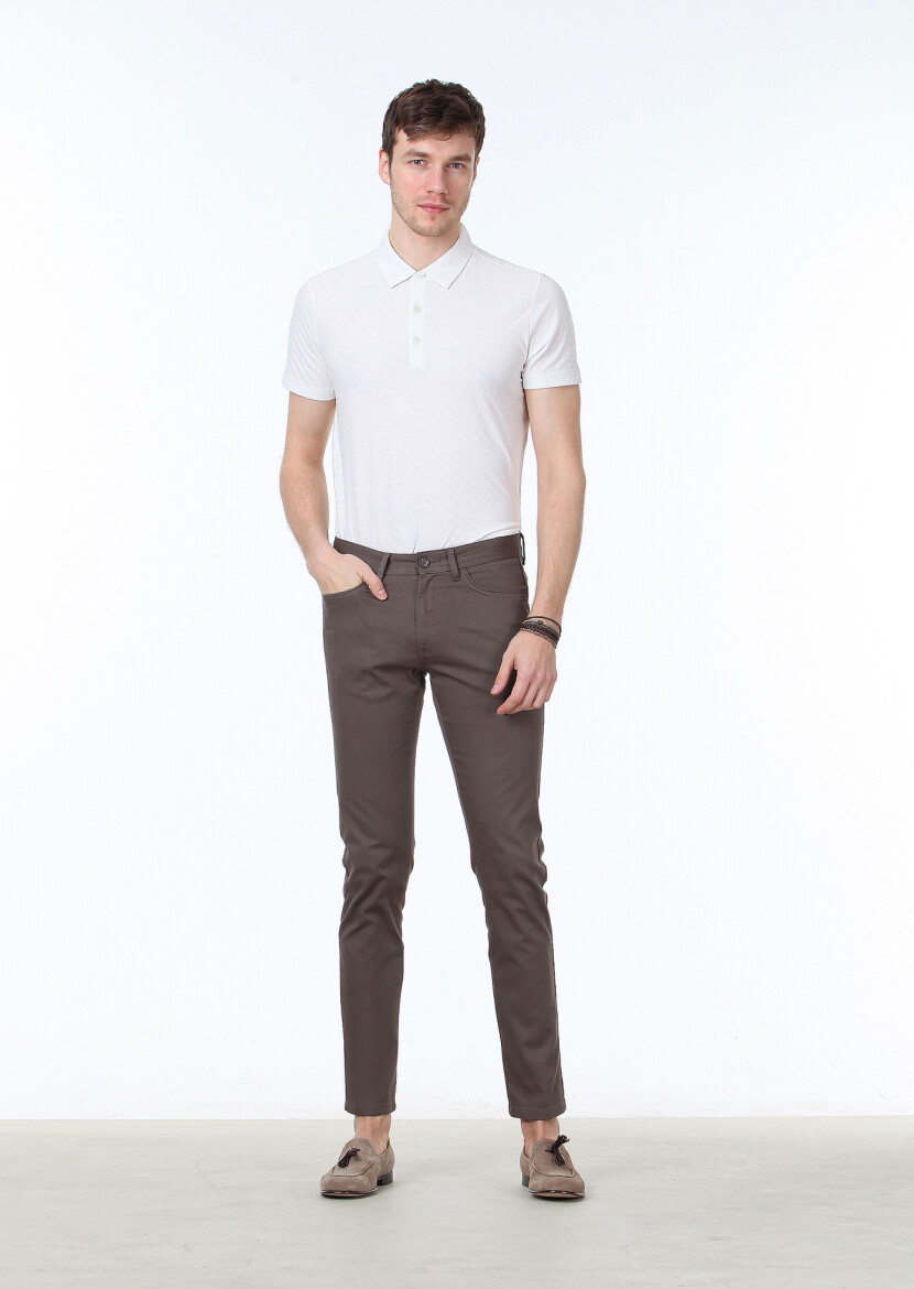 Brown Weaving Slim Fit Casual Cotton Blended Trousers - 1