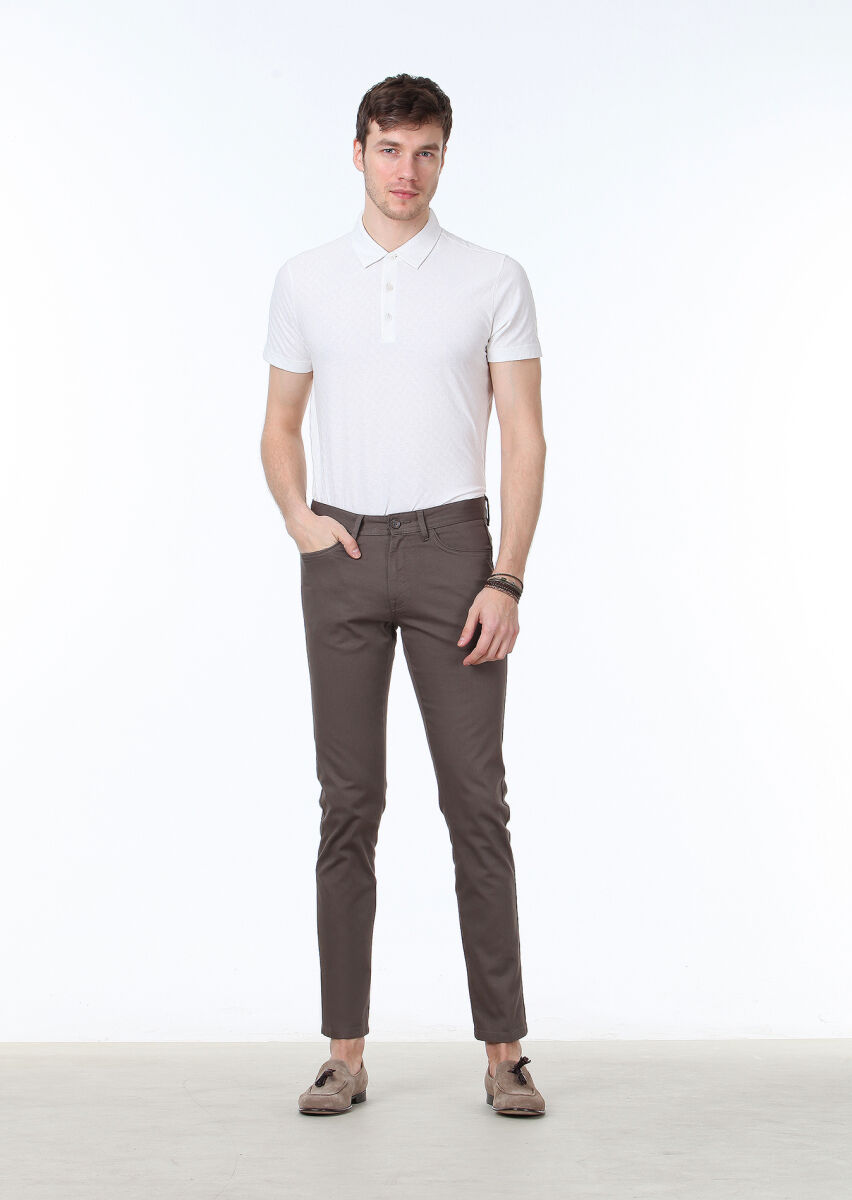 Brown Weaving Slim Fit Casual Cotton Blended Trousers - 1