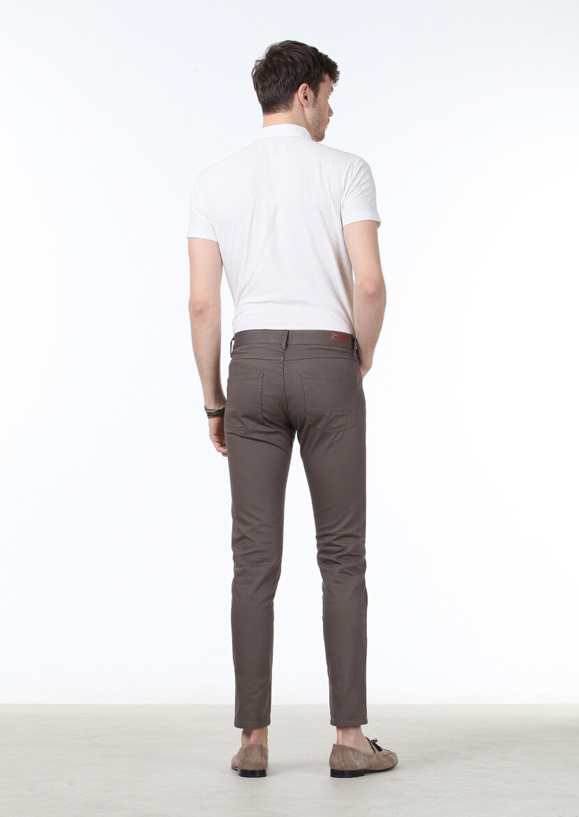 Brown Weaving Slim Fit Casual Cotton Blended Trousers - 4