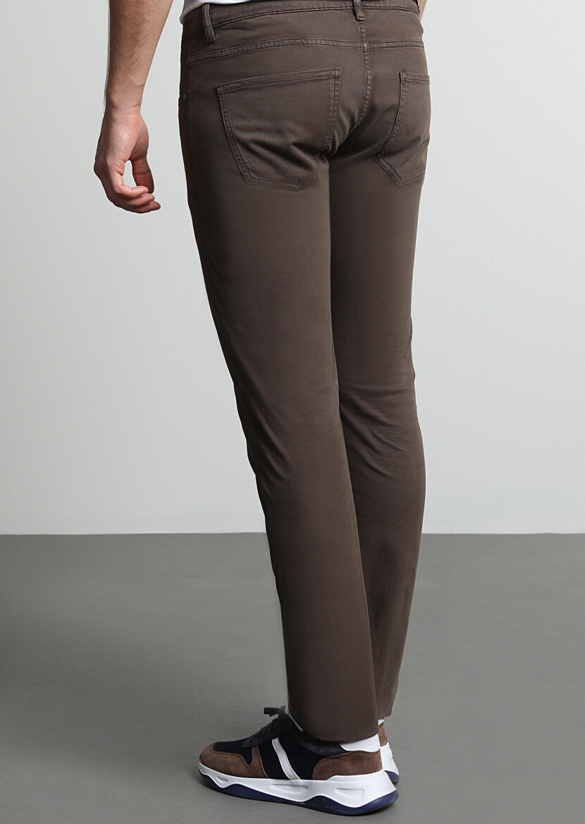 Brown Weaving Slim Fit Casual Cotton Blended Trousers - 4