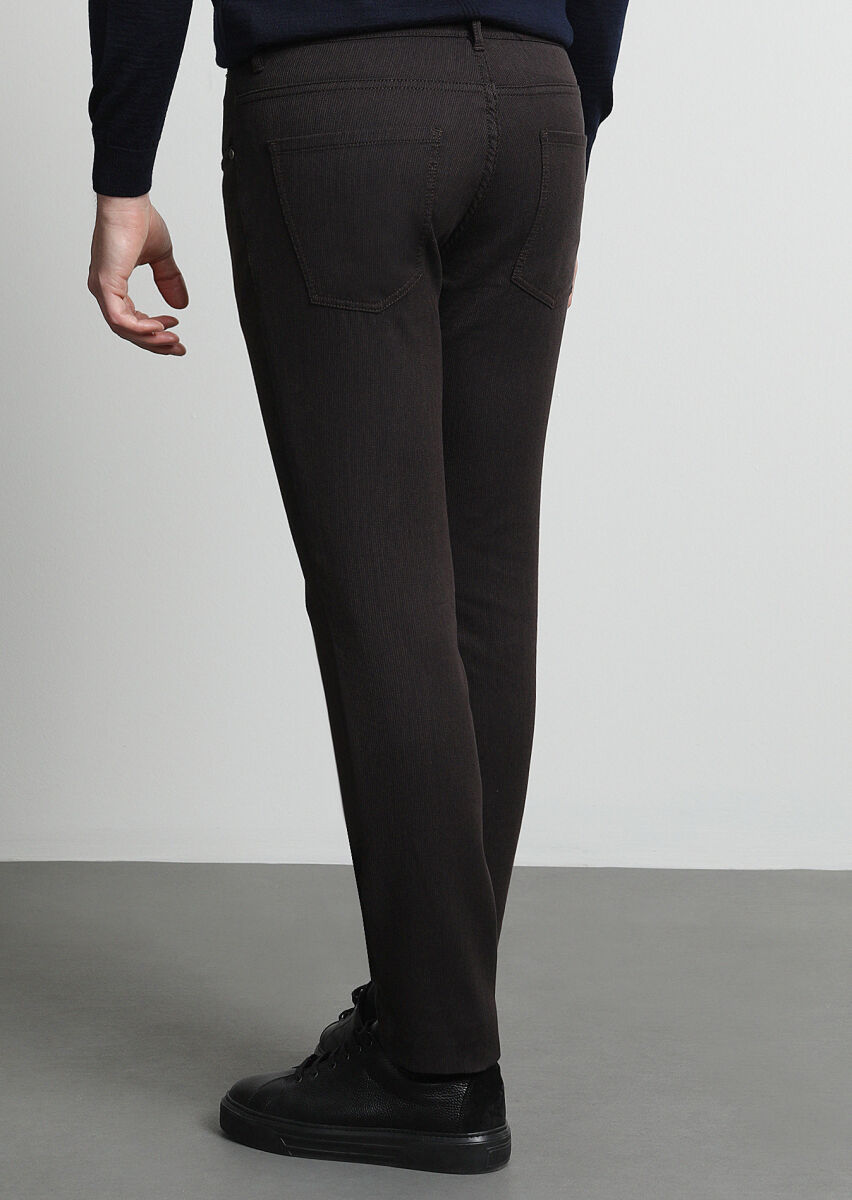 Brown Weaving Slim Fit Casual Cotton Blended Trousers - 2