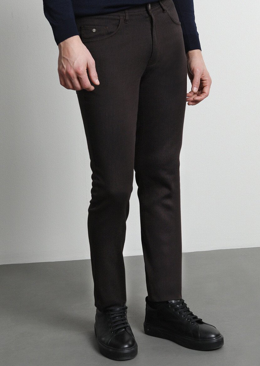 Brown Weaving Slim Fit Casual Cotton Blended Trousers - 3