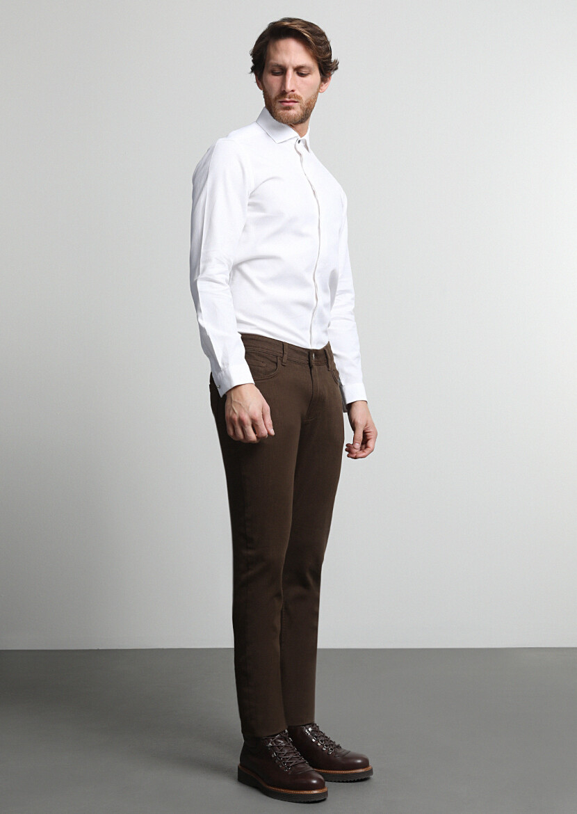 Brown Weaving Slim Fit Casual Cotton Blended Trousers - 1