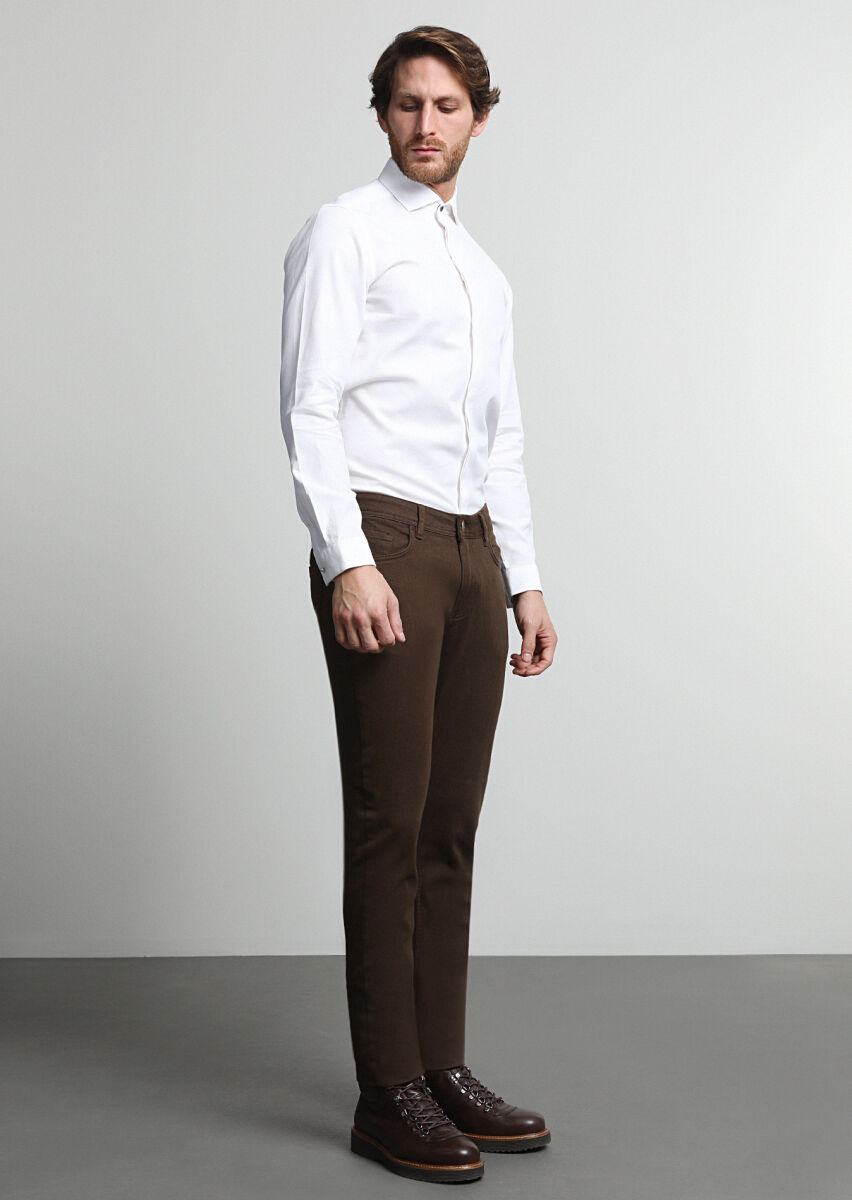 Brown Weaving Slim Fit Casual Cotton Blended Trousers - 1