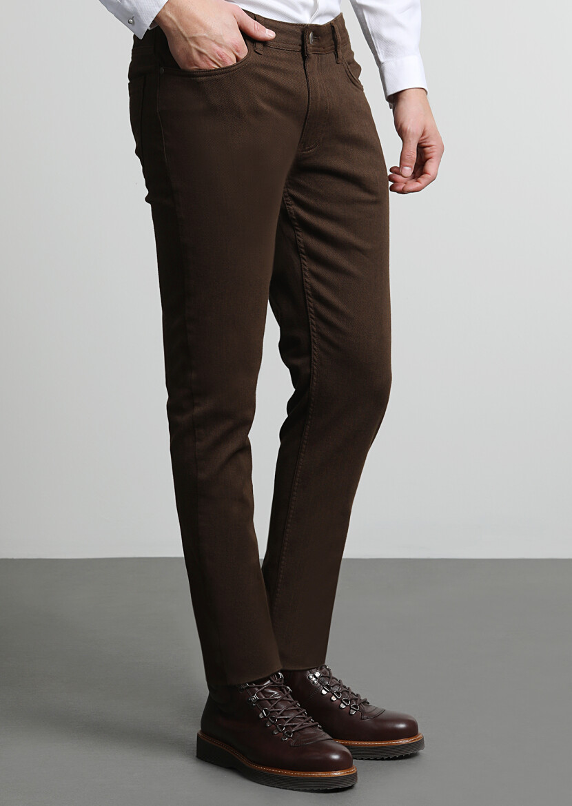 Brown Weaving Slim Fit Casual Cotton Blended Trousers - 2