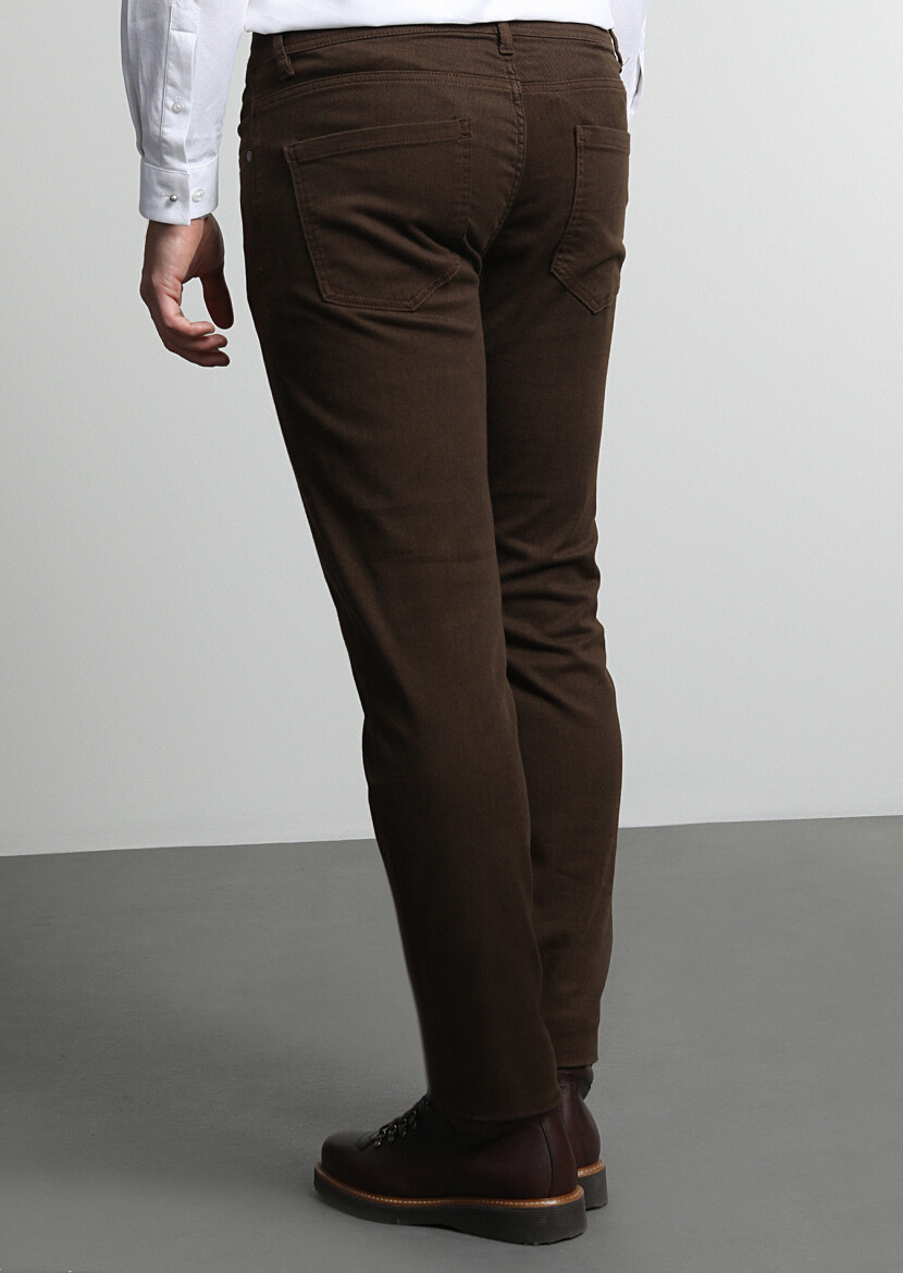 Brown Weaving Slim Fit Casual Cotton Blended Trousers - 4