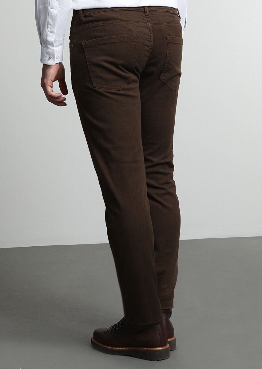 Brown Weaving Slim Fit Casual Cotton Blended Trousers - 4