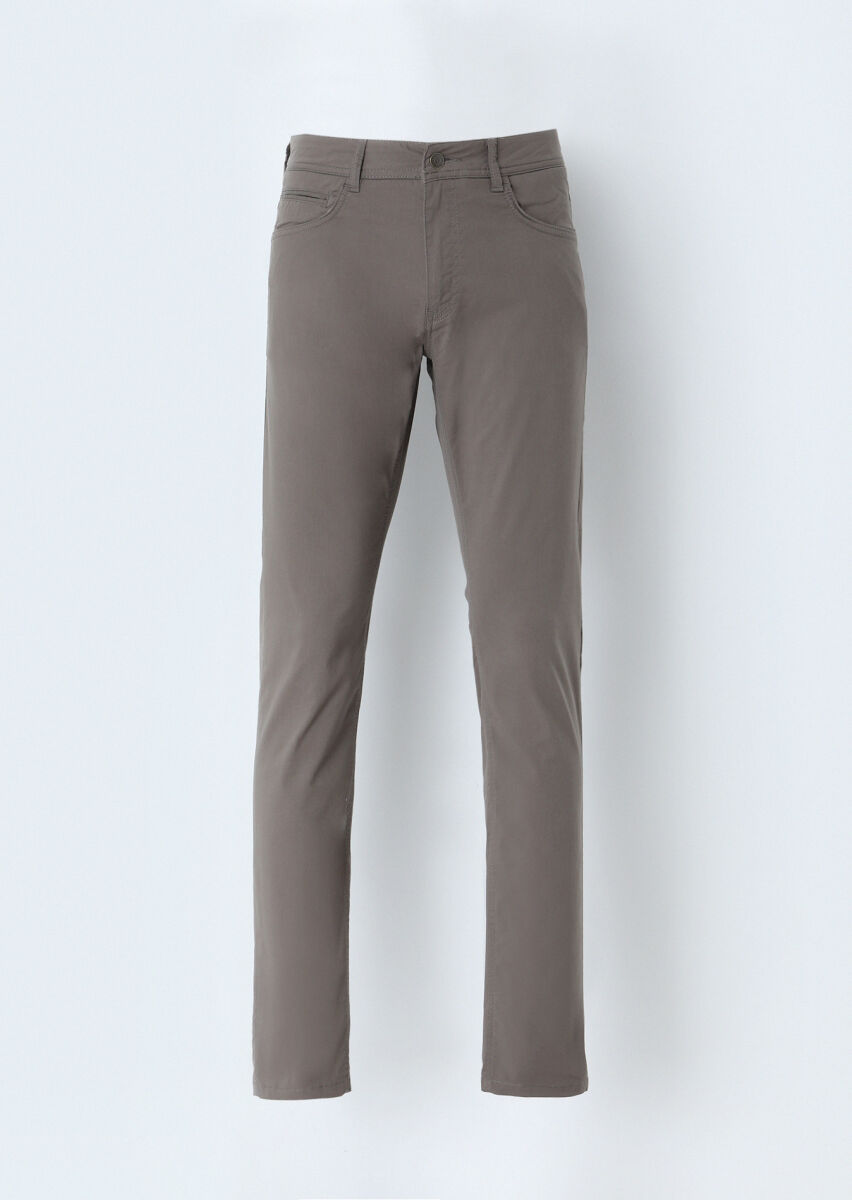 Brown Weaving Slim Fit Casual Cotton Blended Trousers - 1