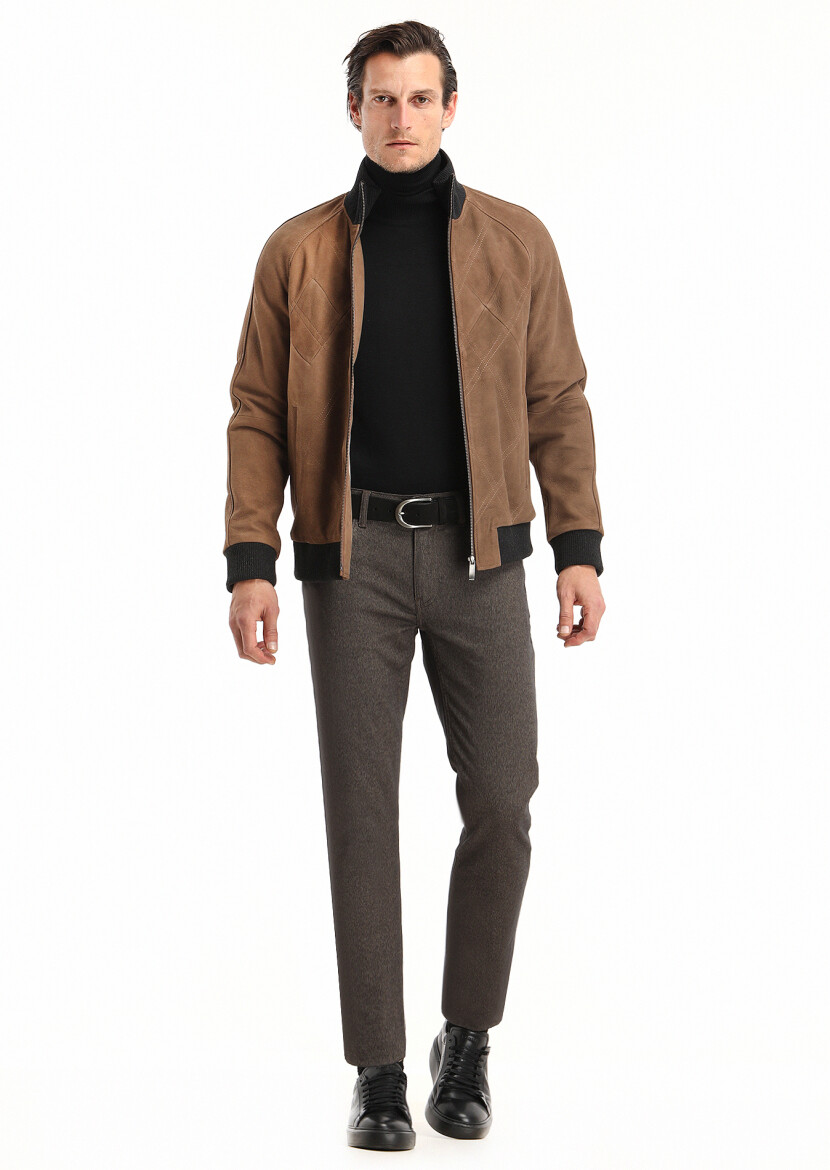 Brown Weaving Slim Fit Casual Cotton Blended Trousers - 1