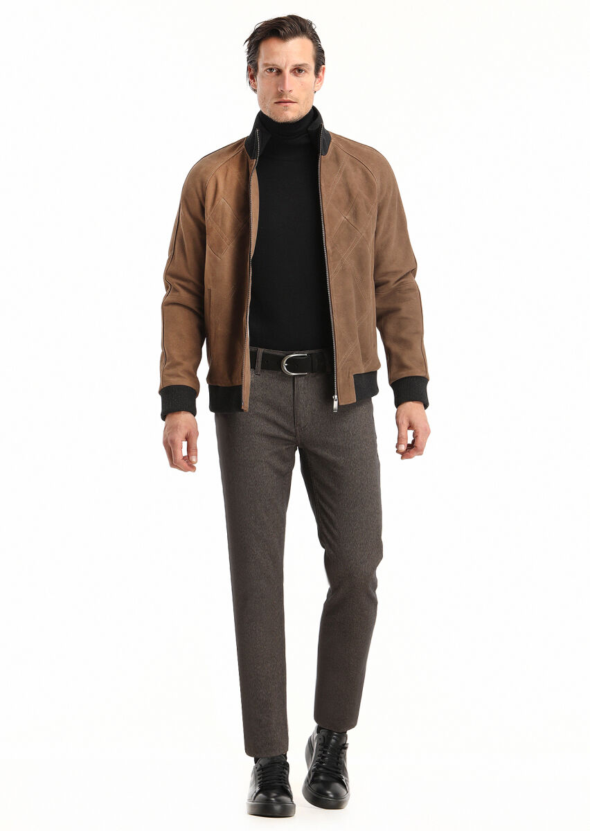 Brown Weaving Slim Fit Casual Cotton Blended Trousers - 1