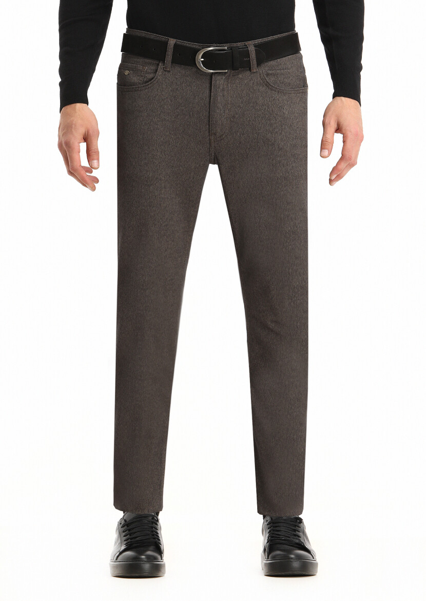 Brown Weaving Slim Fit Casual Cotton Blended Trousers 