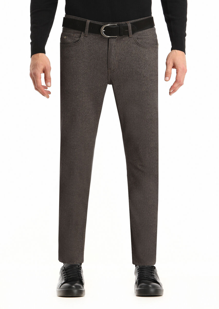 Brown Weaving Slim Fit Casual Cotton Blended Trousers - 2