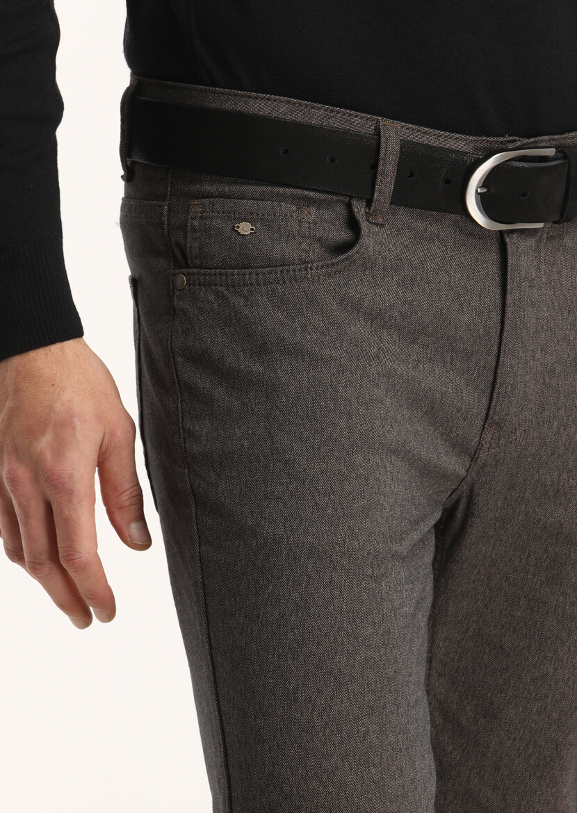 Brown Weaving Slim Fit Casual Cotton Blended Trousers - 3